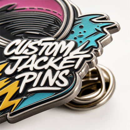 Close up of custom jacket pins with detailed enamel artwork, clean metal edges, and durable pin craftsmanship