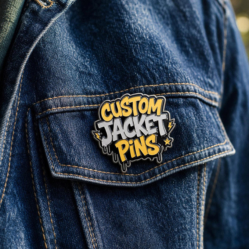 Custom jacket pins styled on apparel for denim jackets, teams, events, streetwear, and personal collections