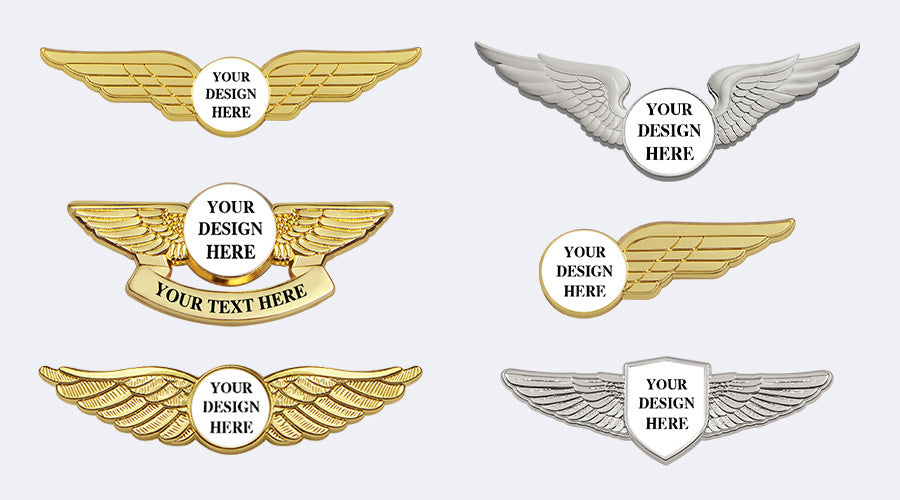 Pilot wings pins collection; custom airline pins; corporate branded promotional items with logo.