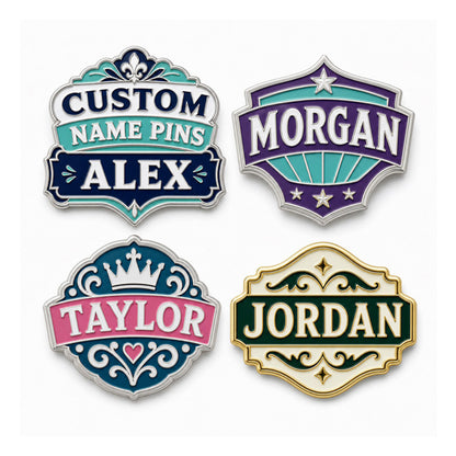 Collection of custom name pins showing personalized badge styles, metal finishes, and logo name pin designs