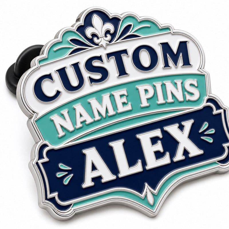 Close up of custom name pins with detailed lettering, clean metal edges, and professional badge craftsmanship
