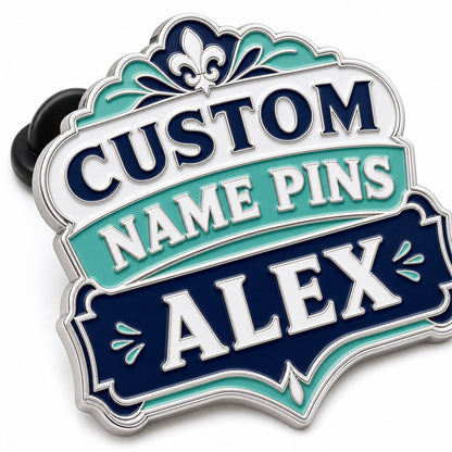 Close up of custom name pins with detailed lettering, clean metal edges, and professional badge craftsmanship
