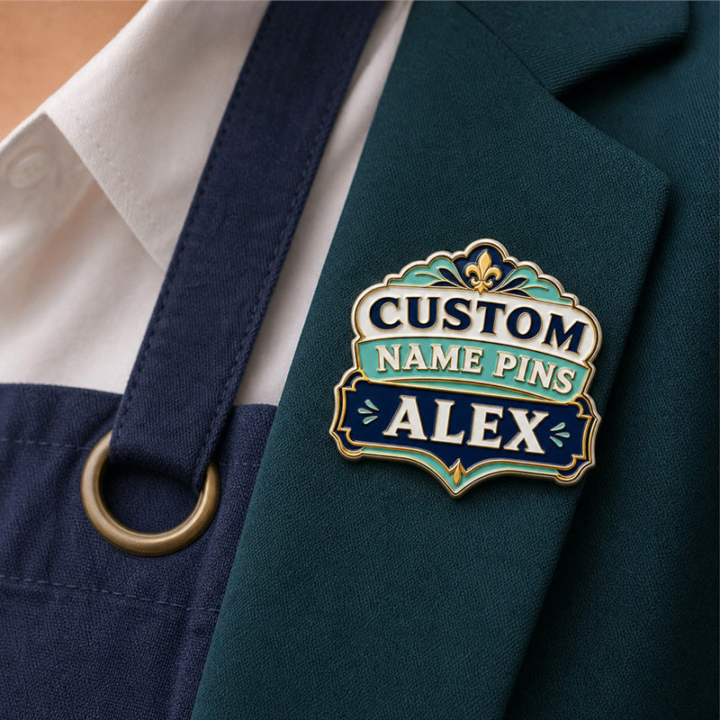 Custom name pins used on uniforms, event apparel, staff badges, and branded workplace accessories