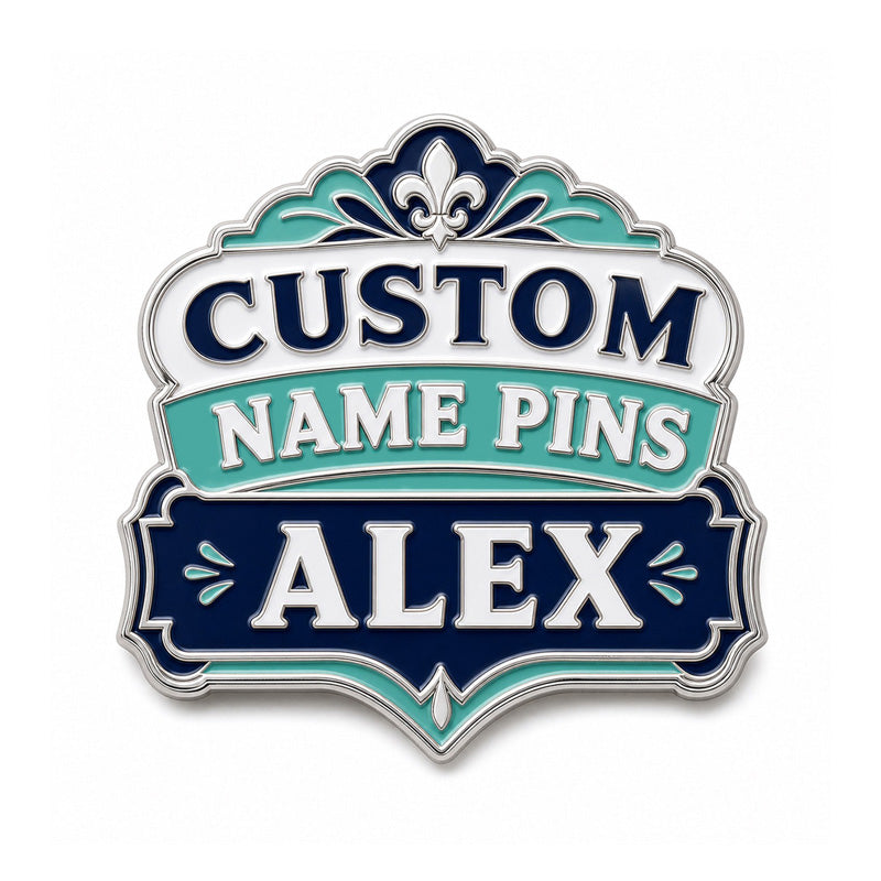 Custom name pins with personalized enamel artwork for staff badges, events, uniforms, and branded identification