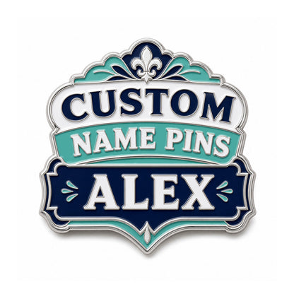 Custom name pins with personalized enamel artwork for staff badges, events, uniforms, and branded identification