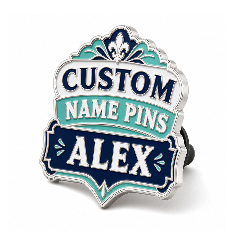 Side view of custom name pins showing polished metal thickness, enamel details, and secure pin backing
