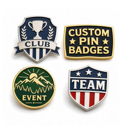 Collection of custom pin badges showing enamel badge styles, metal finishes, and personalized design options