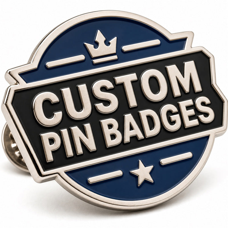 Close up of custom pin badges with detailed enamel artwork, clean metal edges, and professional badge craftsmanship