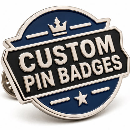 Close up of custom pin badges with detailed enamel artwork, clean metal edges, and professional badge craftsmanship