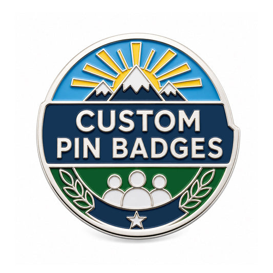 Custom pin badges with enamel artwork for brands, events, organizations, teams, and promotional badge designs
