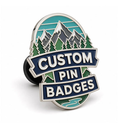 Side view of custom pin badges showing metal thickness, polished plating, enamel details, and secure backing