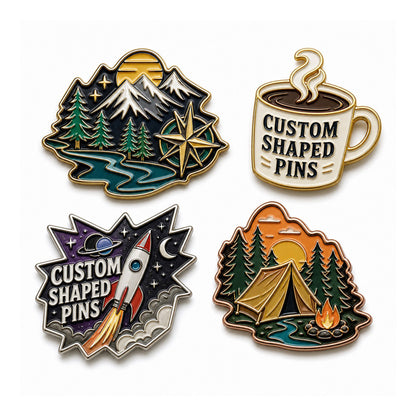 Collection of custom shaped pins showing different silhouettes, enamel styles, metal finishes, and creative design options