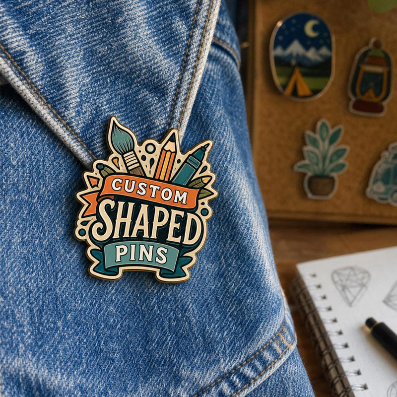 Custom shaped pins styled on apparel and accessories for events, clubs, brands, teams, and collectible designs