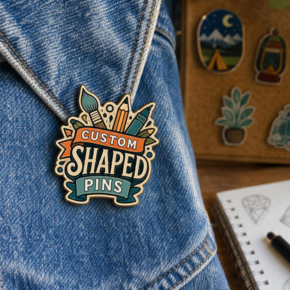 Custom shaped pins styled on apparel and accessories for events, clubs, brands, teams, and collectible designs