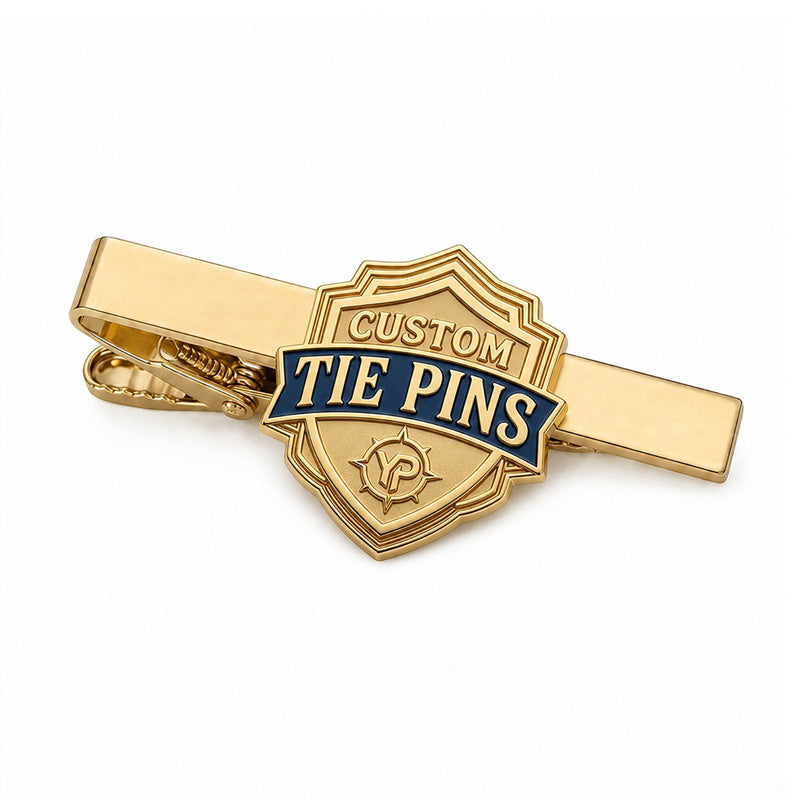 Additional custom tie pin design showing refined metal details, enamel accents, and professional formalwear style