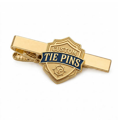 Additional custom tie pin design showing refined metal details, enamel accents, and professional formalwear style