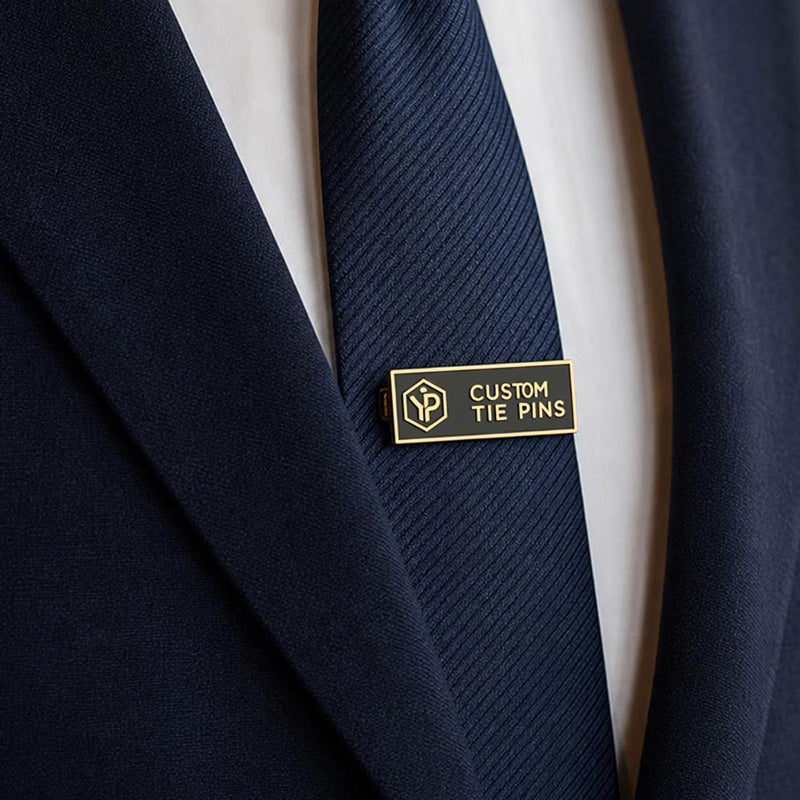 Custom tie pins styled with formal outfits for business events, weddings, teams, clubs, and branded presentation