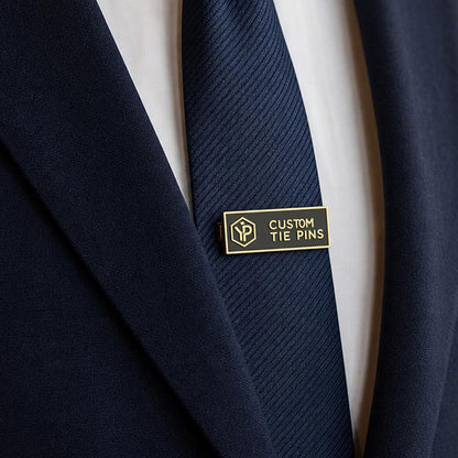 Custom tie pins styled with formal outfits for business events, weddings, teams, clubs, and branded presentation