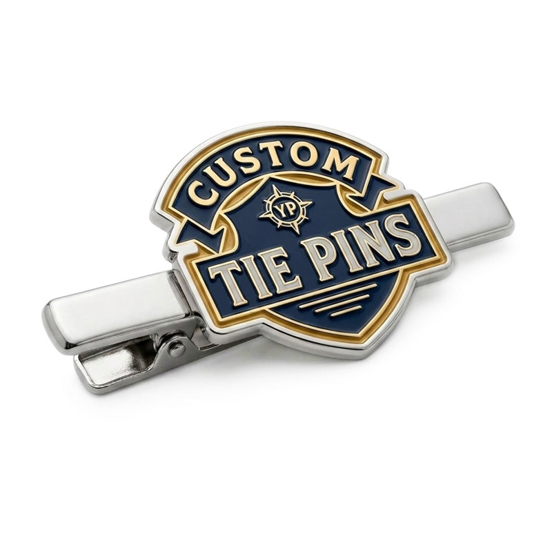 Custom tie pins with polished metal artwork for suits, formalwear, corporate gifts, events, and branded accessories