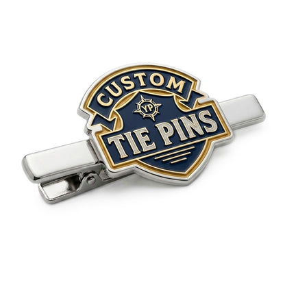 Custom tie pins with polished metal artwork for suits, formalwear, corporate gifts, events, and branded accessories