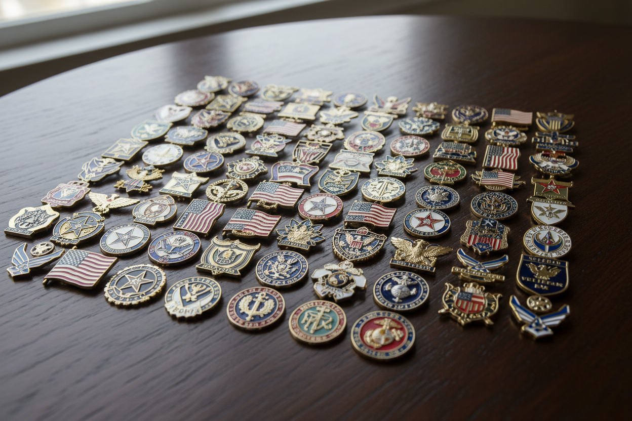 Customized military metal pins for my veteran group, and they were a hit! And the craft is very delicate. There are around 100 pieces veteran metal pins on a table to show