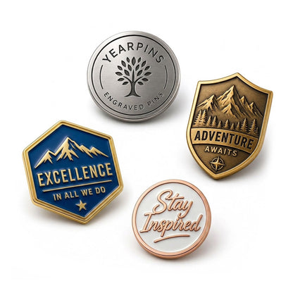 Collection of engraved pins showing custom metal finishes, recognition pin styles, and professional design options
