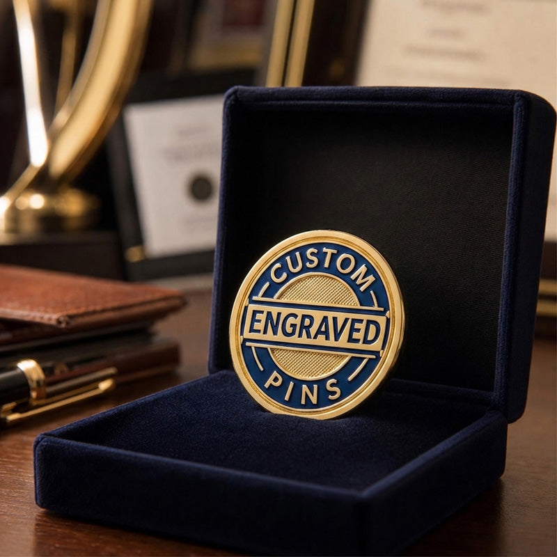 Engraved pins styled for uniforms, corporate recognition, events, clubs, and professional branded accessories