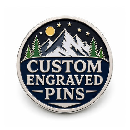 Engraved pins with polished metal artwork for awards, recognition, branding, uniforms, and custom pin designs