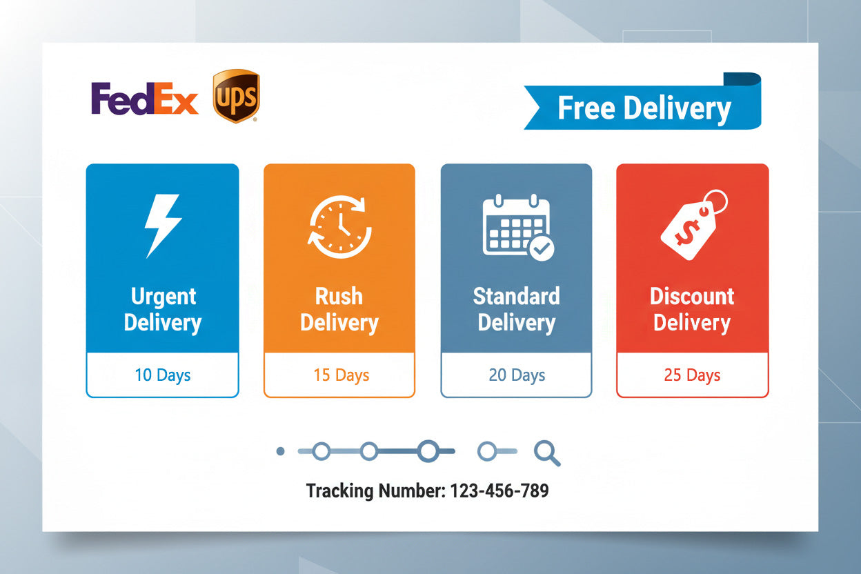 Free Delivery with Rush Options
We ship via FedEx / UPS with tracking. Urgent, Rush, Standard, Discount delivery are available.