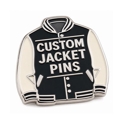 Close up of jacket pins with detailed enamel artwork, clean metal edges, and collectible pin craftsmanship