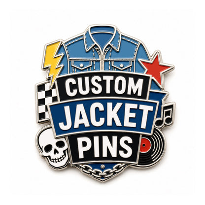 Jacket pins with custom enamel artwork for denim jackets, suits, uniforms, events, and fashion pin collections