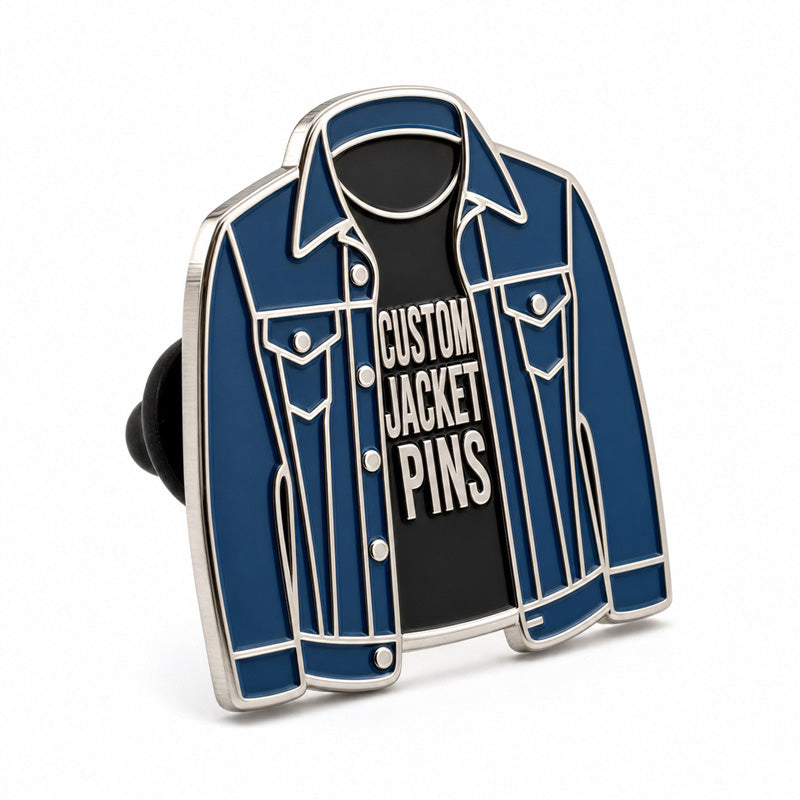 Side view of jacket pins showing polished metal thickness, enamel color details, and secure backing