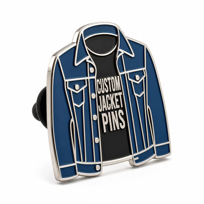 Side view of jacket pins showing polished metal thickness, enamel color details, and secure backing