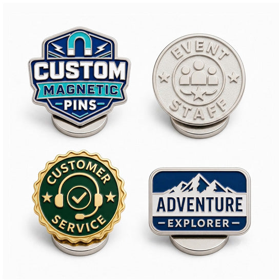 Collection of magnetic pins showing custom enamel designs, metal finishes, and magnet backed pin options