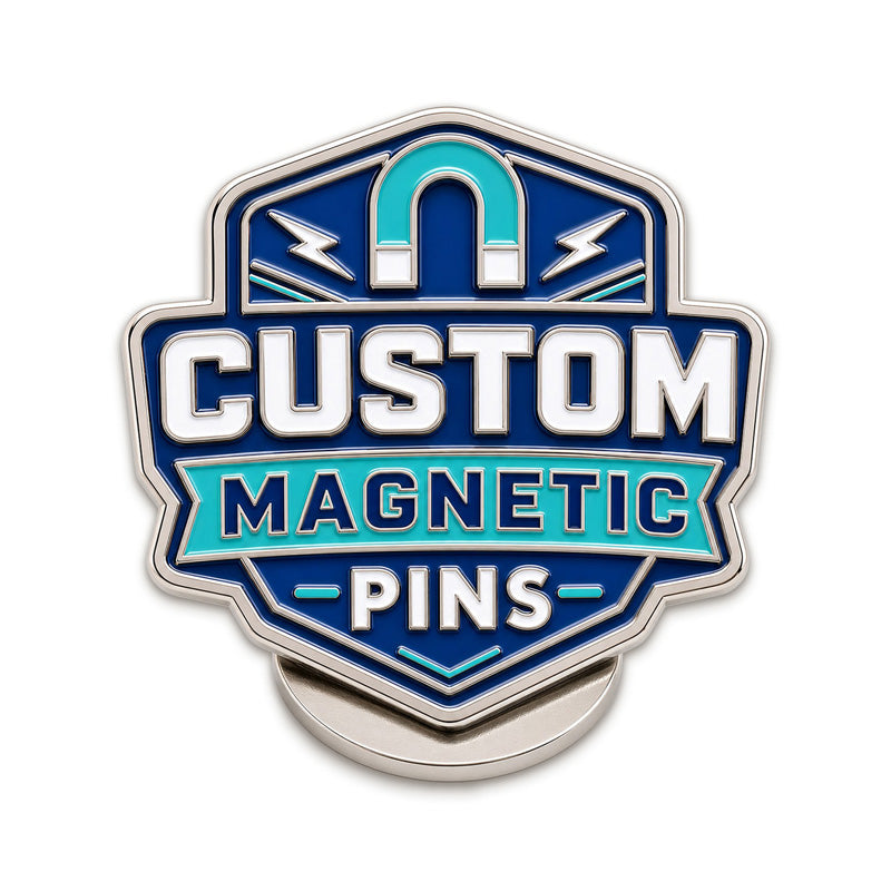 Magnetic pins with custom enamel artwork for clothing, uniforms, events, name badges, and logo pin designs