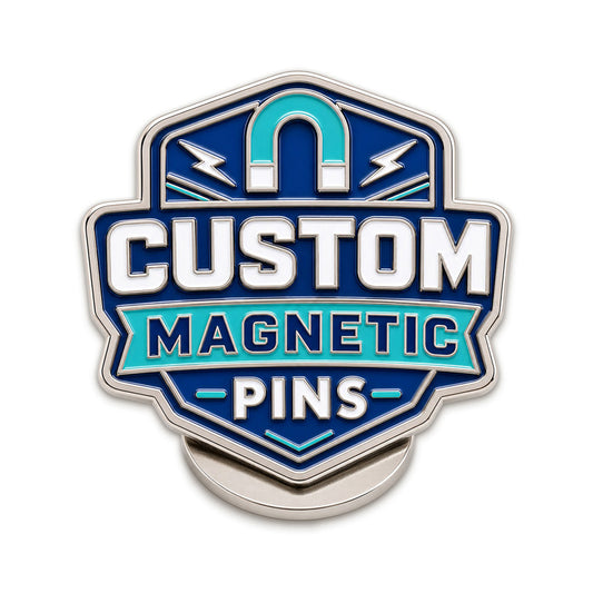 Magnetic pins with custom enamel artwork for clothing, uniforms, events, name badges, and logo pin designs