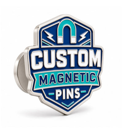 Side view of magnetic pins showing polished metal thickness, enamel details, and magnet backing construction