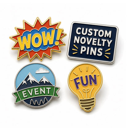Collection of novelty pins showing custom enamel styles, fun designs, metal finishes, and creative pin options