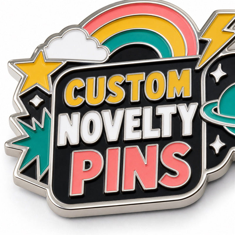 Close up of novelty pins with detailed enamel artwork, clean metal edges, and collectible pin craftsmanship