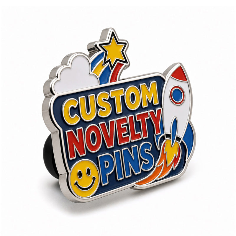 Side view of novelty pins showing polished metal thickness, enamel color details, and secure backing